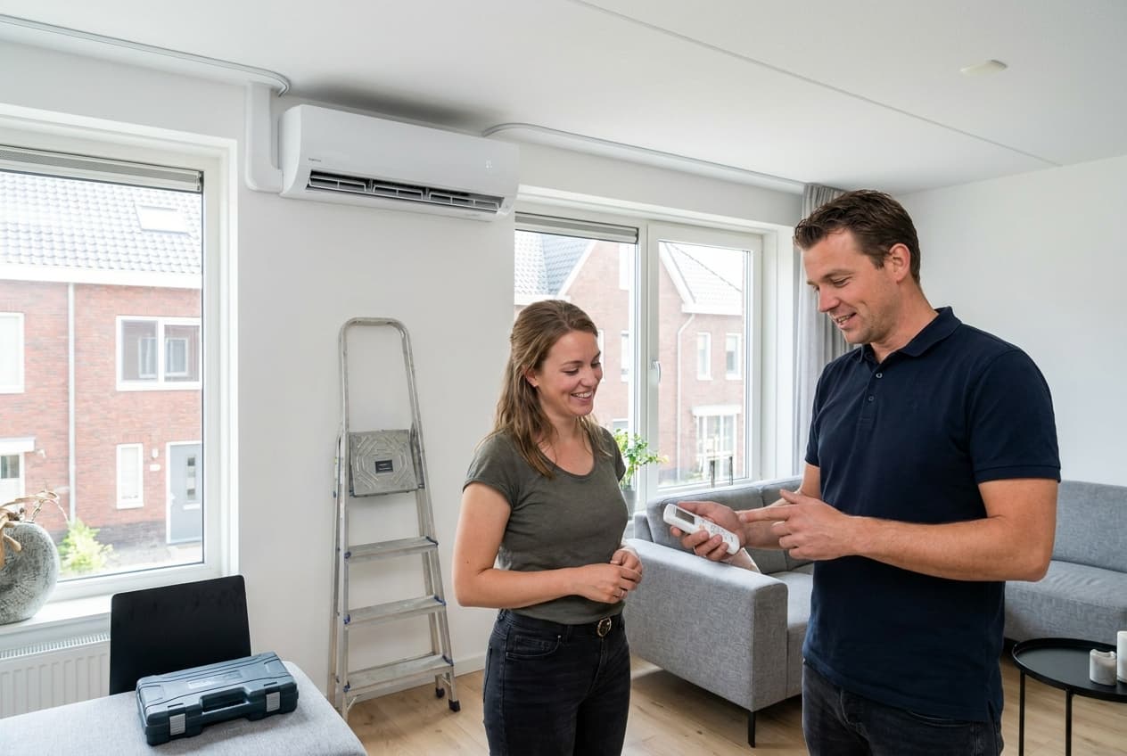 Installateur die een airco-unit installeert bij een tevreden klant thuis